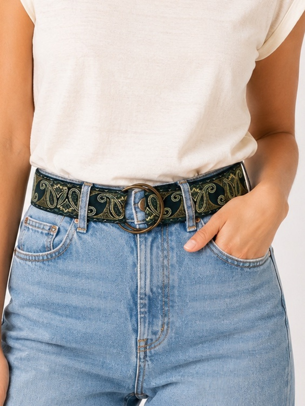 GAP Paisley Fabric Belt Dark Green Gold O-Ring Buckle Adjustable Boho